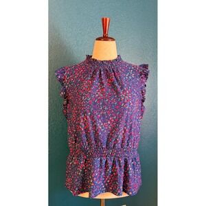 Belldini Womens XL Blue Pink Confetti Print Smocked Mock Neck Peplum Ruffle Top